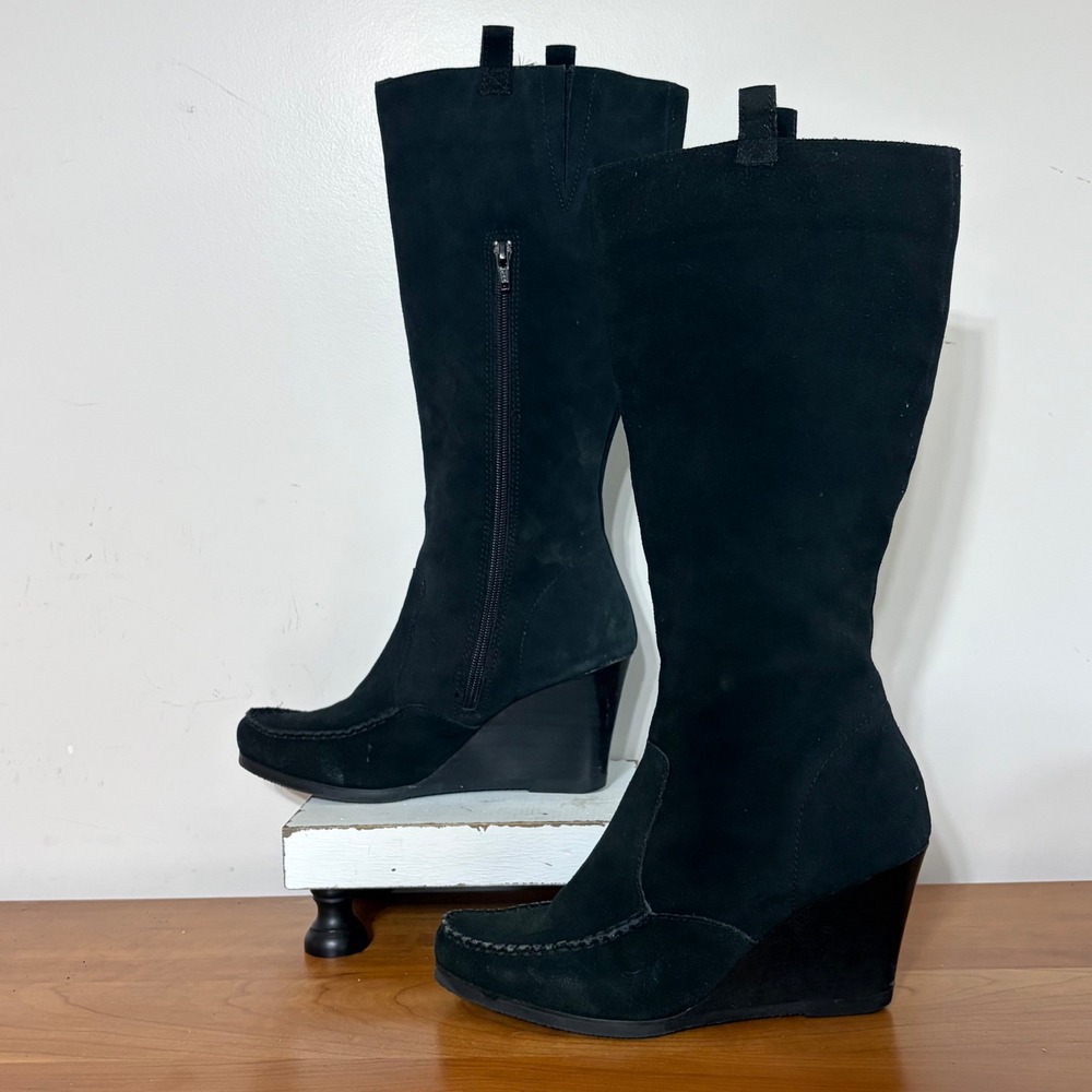 Relativity Tatum Black Suede Wedge Knee High Boots Womens 9M‎ Side Zip Moc Toe